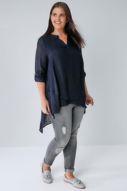 Navy Layered Blouse With Notch Neck, Plus size 16 to 36