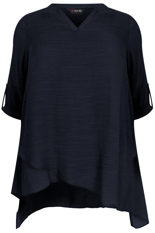 Navy Layered Blouse With Notch Neck, Plus size 16 to 36