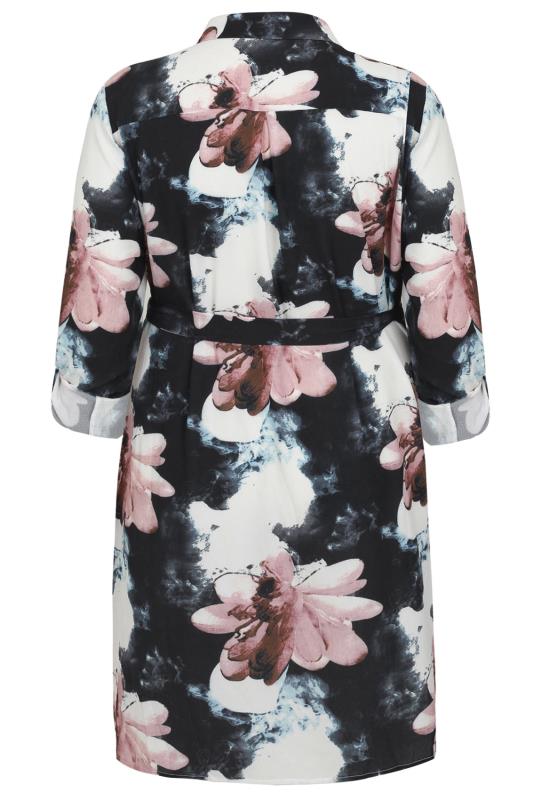 Navy & Pink Blurred Floral Print Button Through Textured Shirt Dress ...