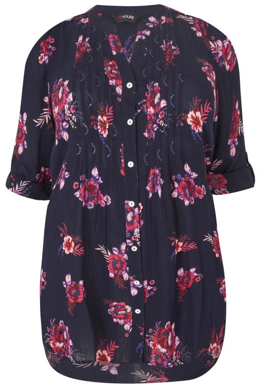 Navy & Pink Floral Pintuck Longline Blouse With Beading Detail, plus