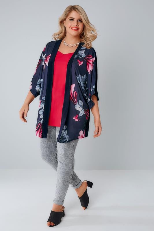 Navy Pink Floral Print Slinky Kimono Plus size 16 to 36