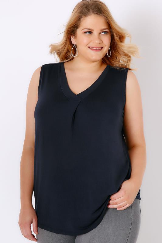 Navy Sleeveless V-Neck Jersey Top, Plus size 16 to 36