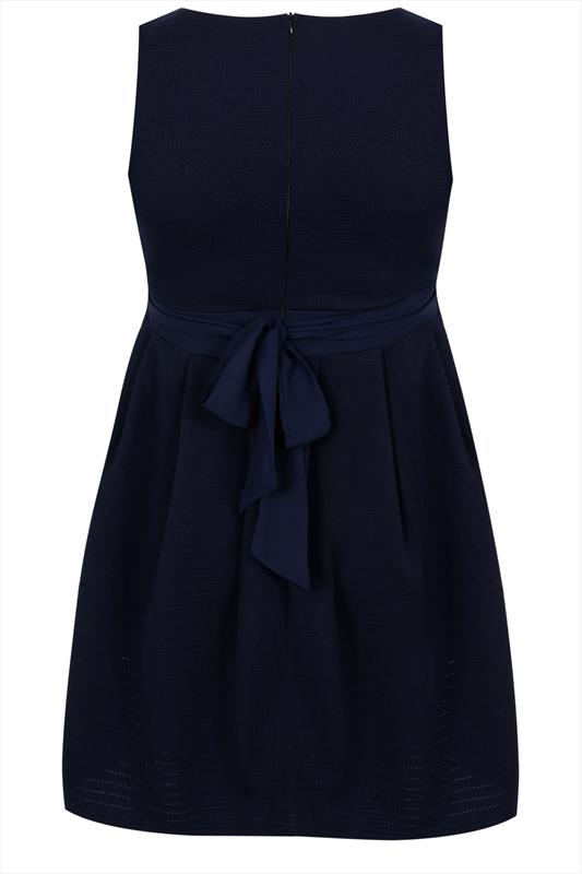 Navy Textured Skater Dress With Waist Tie Plus Size 14 To 32 6375