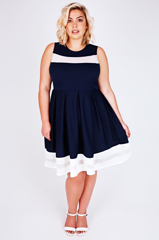 Navy & White Mesh Stripe Skater Dress Plus Size 16 to 32