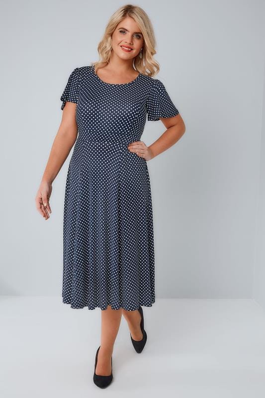 Navy & White Polka Dot Fit & Flare Dress With Waist Tie, Plus size 16 to 36