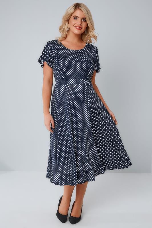 Navy And White Polka Dot Fit And Flare Dress With Waist Tie Plus Size 16 To 36 1319