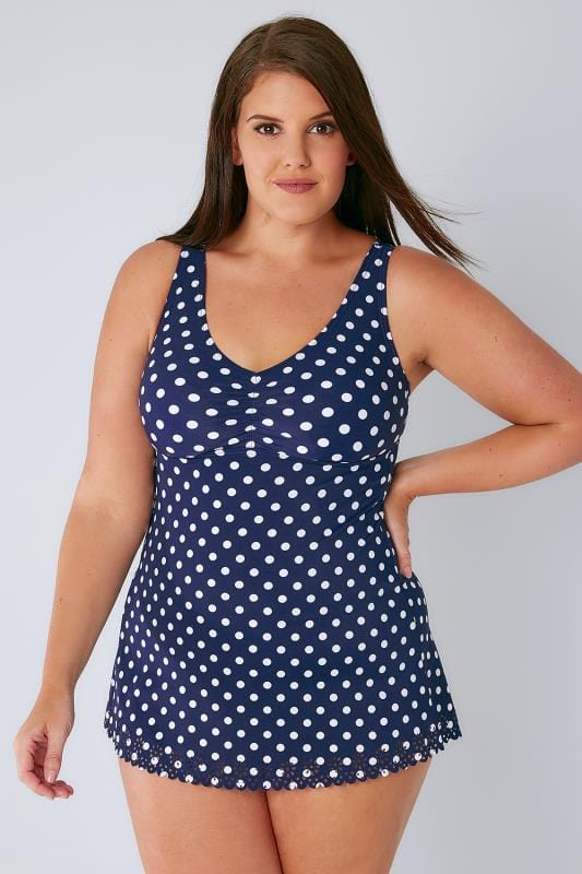 Navy & White Polka Dot Swimdress, Plus size 16 to 32