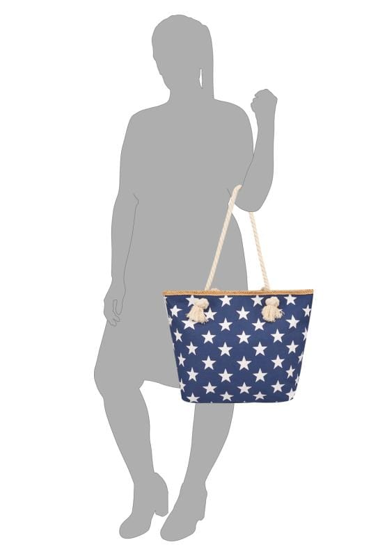 Navy  White Star Print Beach Bag With Rope Handles-5022