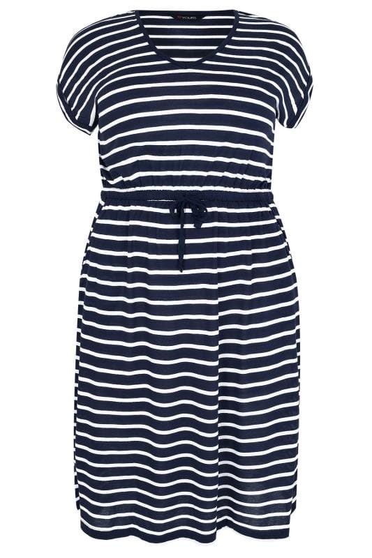 Navy And White Stripe T Shirt Dress With Pockets And Elasticated Waistband Plus Size 16 To 36 3729