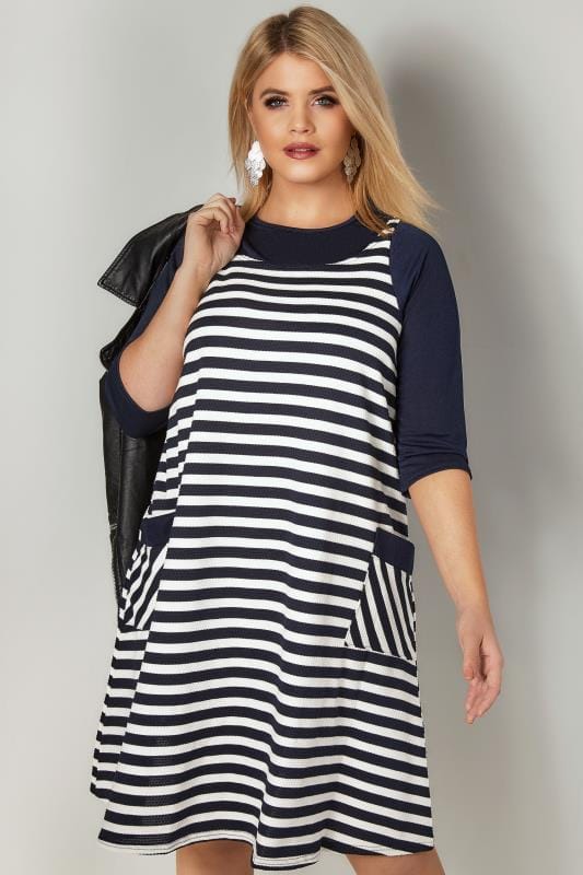 Navy & White Striped Tunic Dress With Pockets, plus size 16 to 32