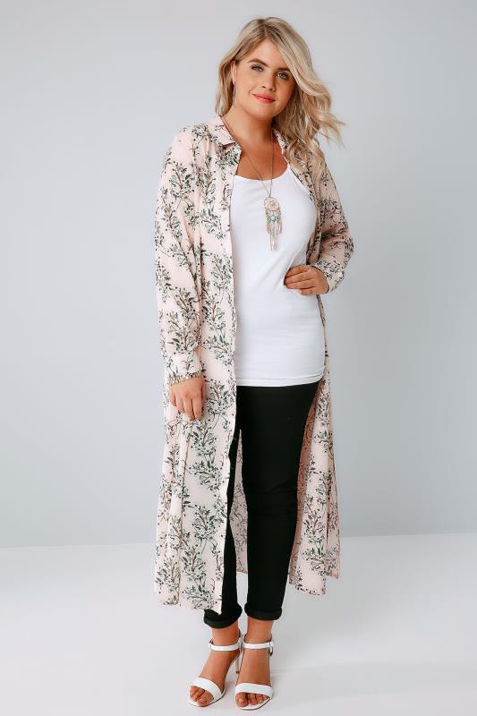 Nude Pink Floral Maxi Shirt With Long Sleeves, Plus Sizes: 16 -32