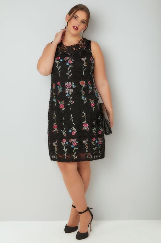 PAPRIKA Black & Multi Floral Lace Embroidered Shift Dress, Plus size 16 ...