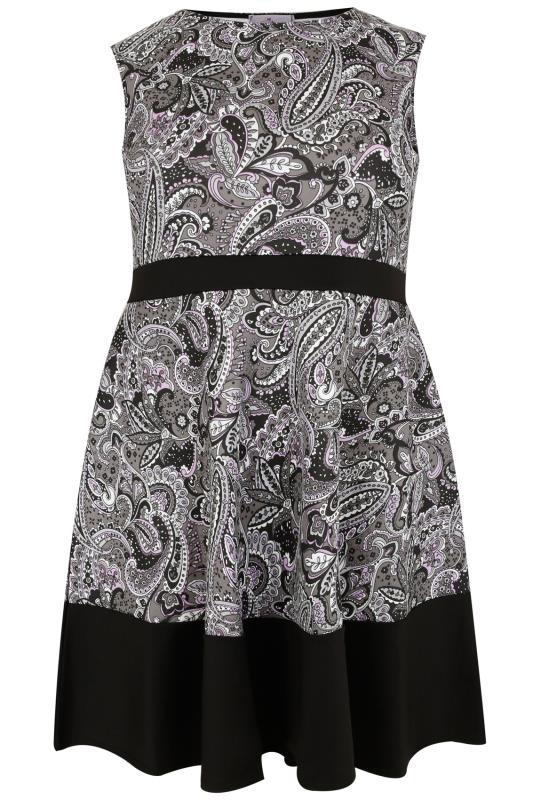 PRASLIN Grey & Lilac Paisley Print Skater Dress With Contrast Block Hem ...