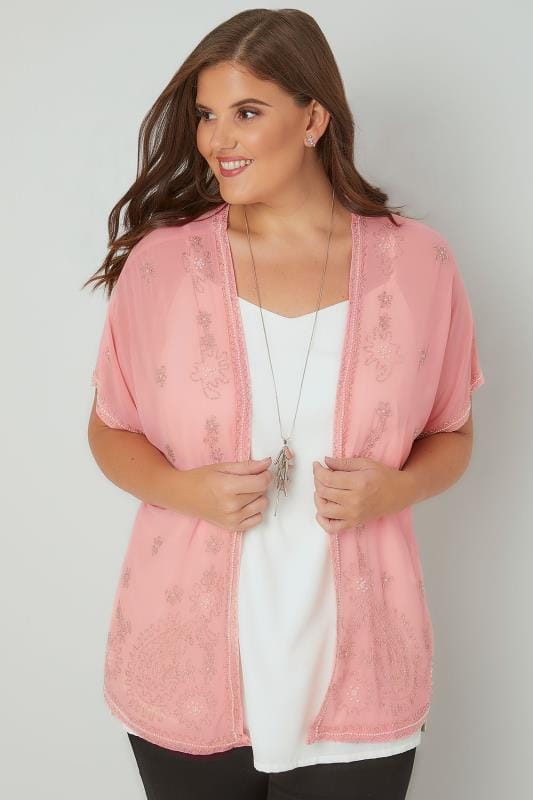 Pink Bead Embellished Chiffon Sheer Kimono Cover-Up, Plus size 16 to 32