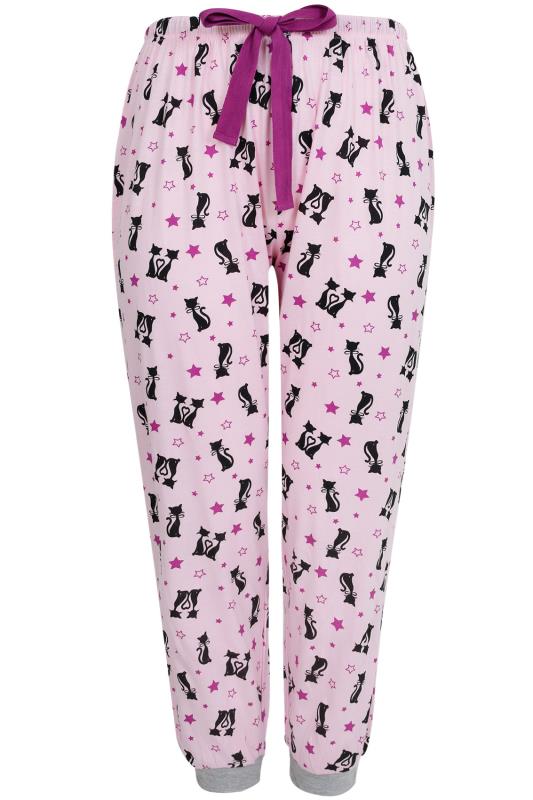 Pink And Black Cat Print Pyjama Bottoms Plus Size 14 To 36