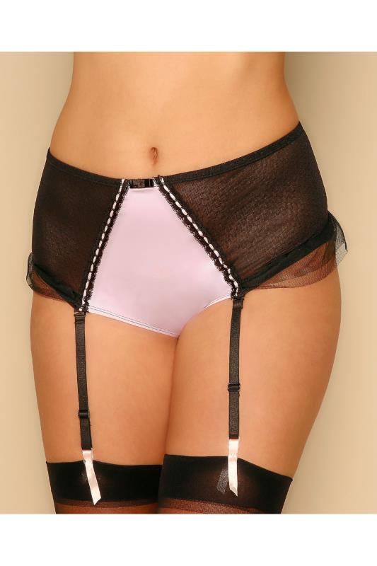 Pink And Black Satin And Mesh Suspender Brief With Frill