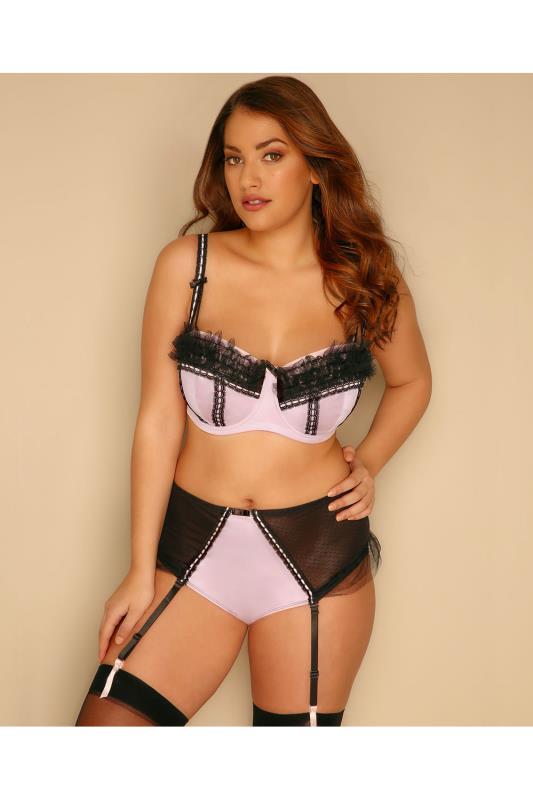 Pink And Black Satin And Mesh Suspender Brief With Frill Detail Plus Size 14 To 32