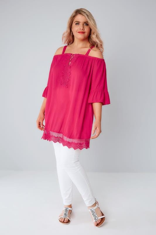 Pink Cold Shoulder Crinkle Top With Frill Sleeves, Plus size 16 to 36