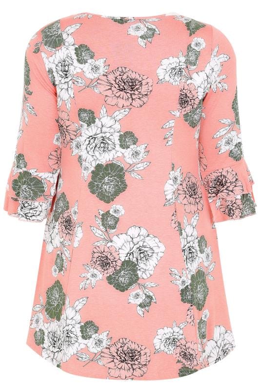 Pink Floral Print Peplum Top With Layered Frill Cuffs, Plus size 16 to 36
