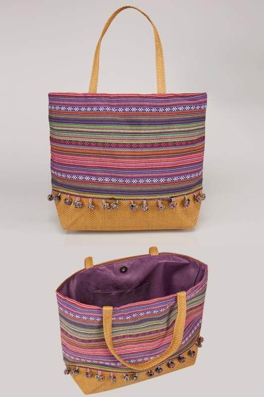 Pink Amp Multi Stripe Pom Pom Beach Bag With Straw Handles