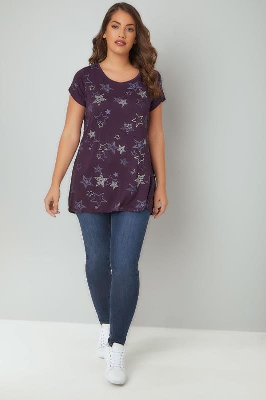 Purple Glitter Star Print TShirt, Plus size 16 to 36