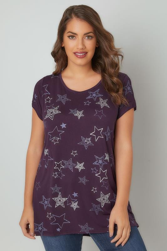 Purple Glitter Star Print T-Shirt, Plus size 16 to 36