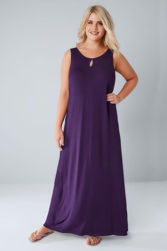 Purple Jersey Maxi Dress With Keyhole Detail, Plus size 16 to 36