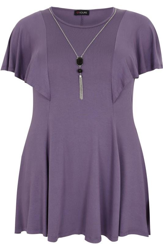 Purple Peplum Top With Frill Angel Sleeves With Free Necklace, Plus