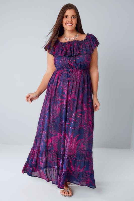 Purple & Pink Palm Print Frill Maxi Dress, Plus size 16 to 36