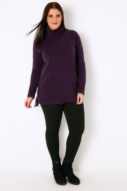 Purple Roll Neck Longline Jumper With Lace Up Hem, Plus Size 16 to 32
