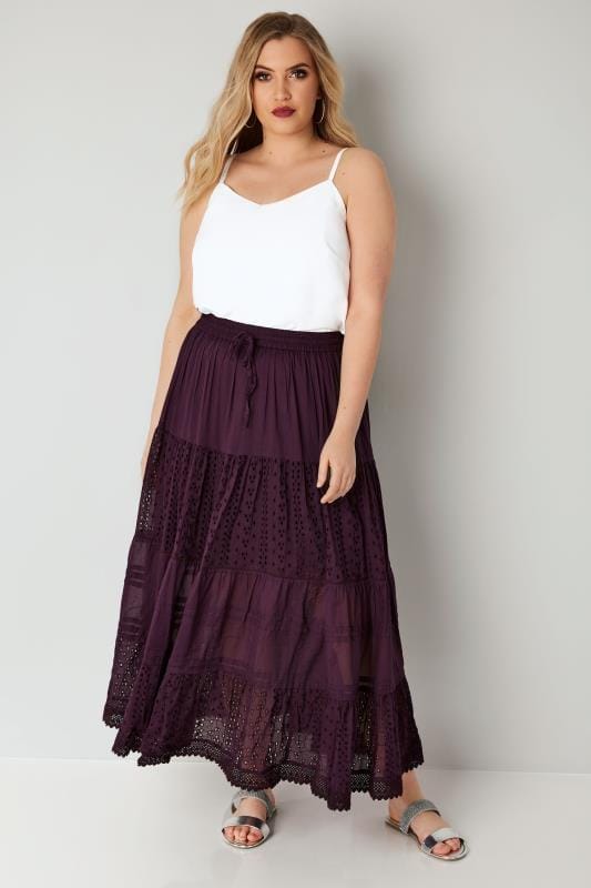 Purple Tiered Broderie Maxi Skirt, plus size 16 to 36