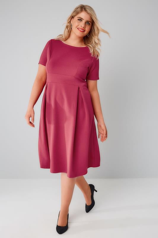 Raspberry Pink Skater Dress With Pleated Skirt, Plus size 16 to 36