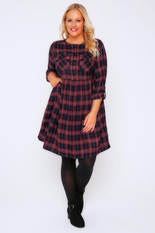 Red & Black Check Shirt Dress With Tie Waist, Plus Size 16 to 36