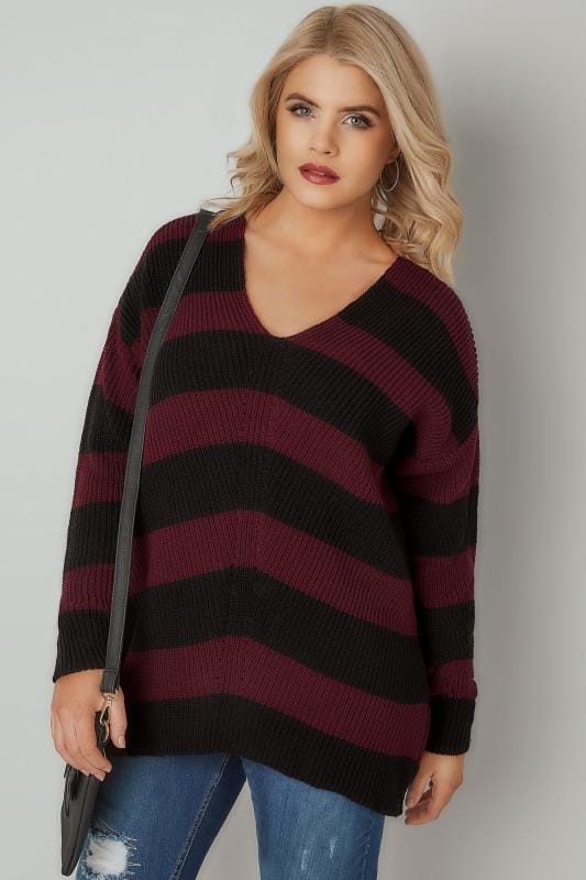 Red And Black Chevron Striped Longline Jumper With Curved Hem Plus Size 16 To 36