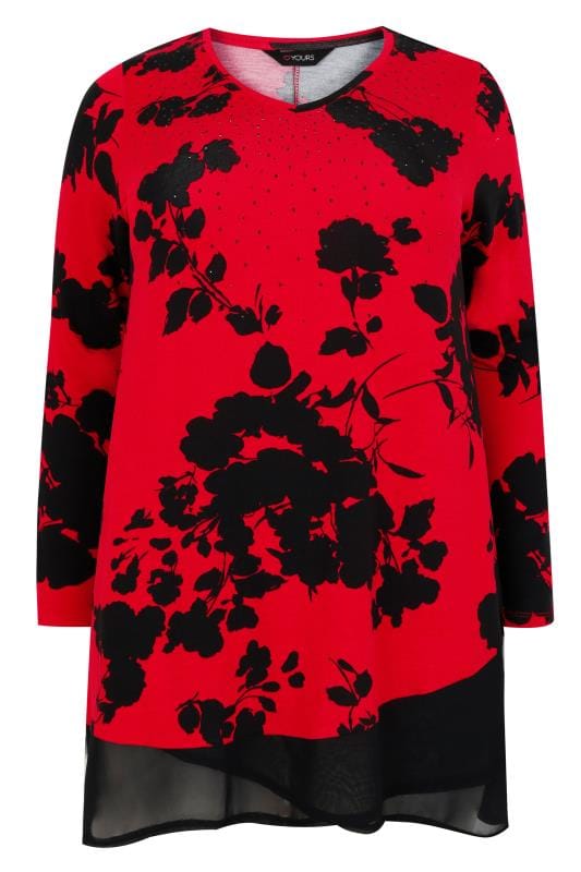 Red Black Floral Print Top With Chiffon Hem Plus size 