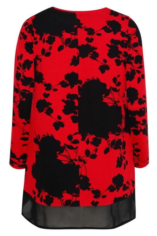 Red & Black Floral Print Top With Chiffon Hem, Plus size 16 to 36