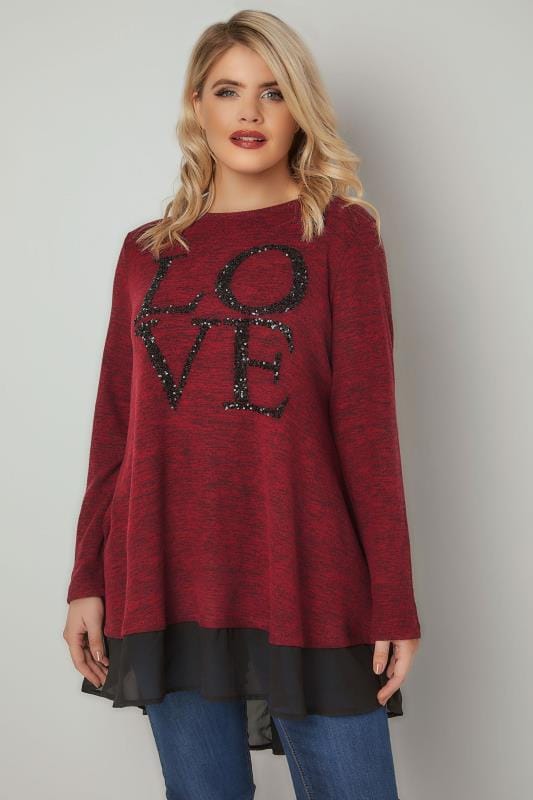 Red And Black Love Sequin Embellished Fine Knit Top With Woven Panel Plus Size 16 To 36