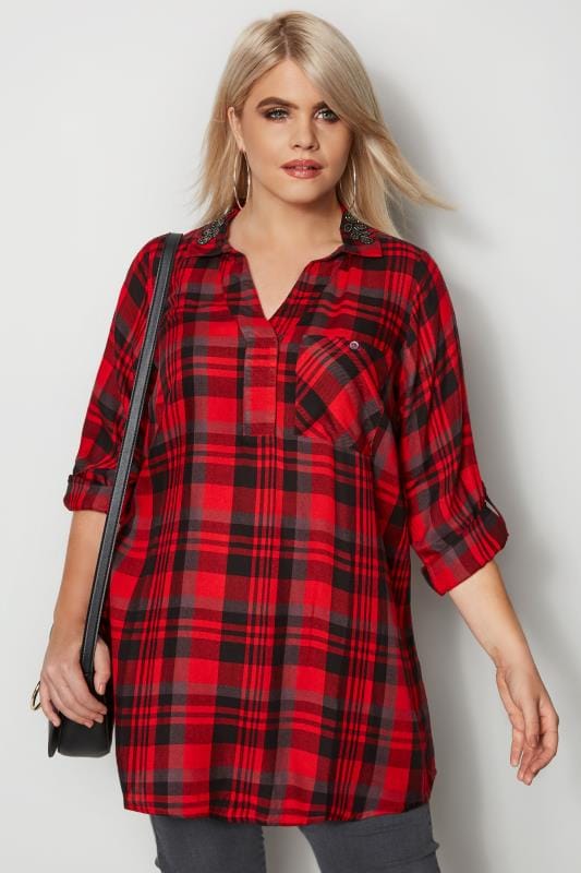 Red Overhead Check  Shirt  With Embellished Collar Plus  