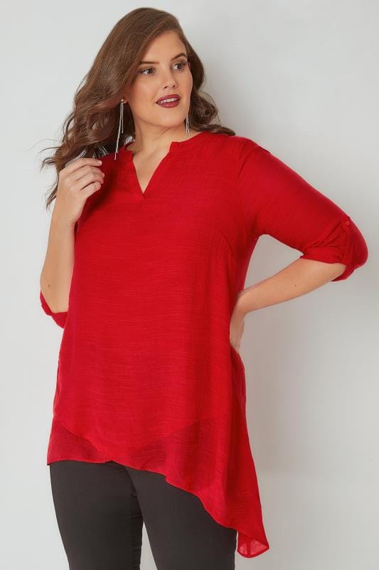 Red Layered Blouse With Notch Neck & Dipped Hem, Plus size 16 to 36