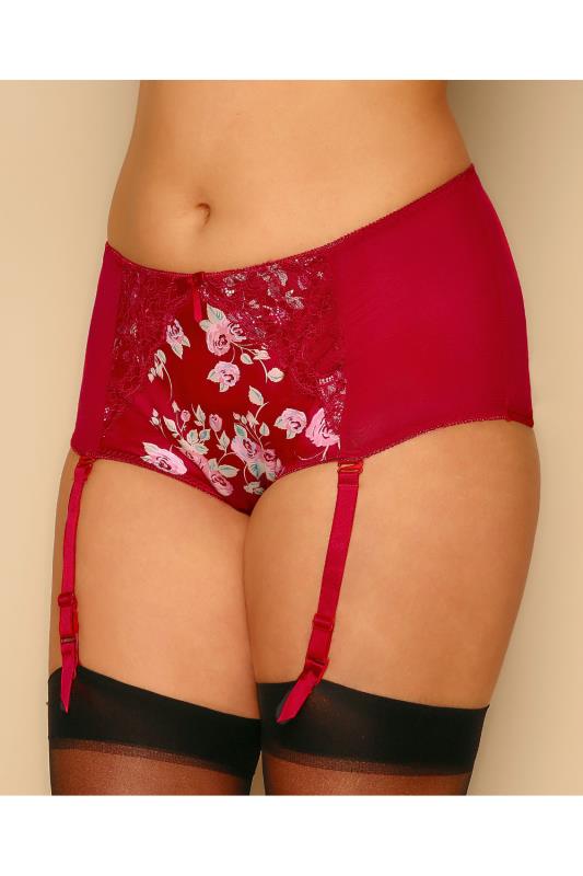Red Satin And Mesh Floral Print Suspender Briefs Plus Size 14 To 36