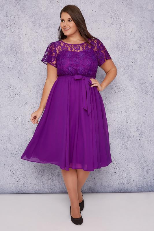 SCARLETT & JO Purple Midi Dress With Lace Top & Pleated Skirt, Plus size 16 to 32