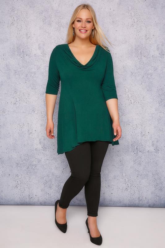 SCARLETT & JO Teal Cowl Neck Top With 3/4 Sleeves, Plus size 16 to 32