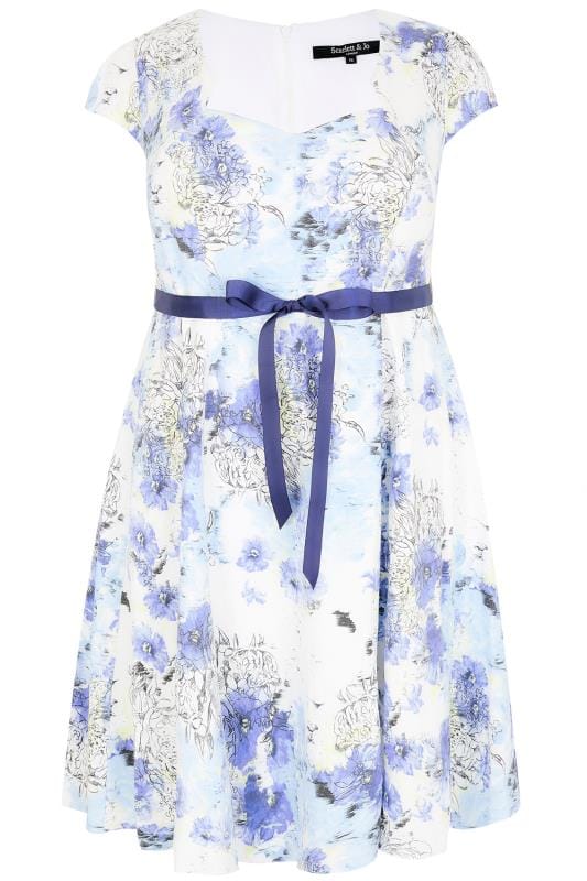 SCARLETT & JO - Robe à Imprimé Floral Blanc, Bleu et Jaune avec Cordon