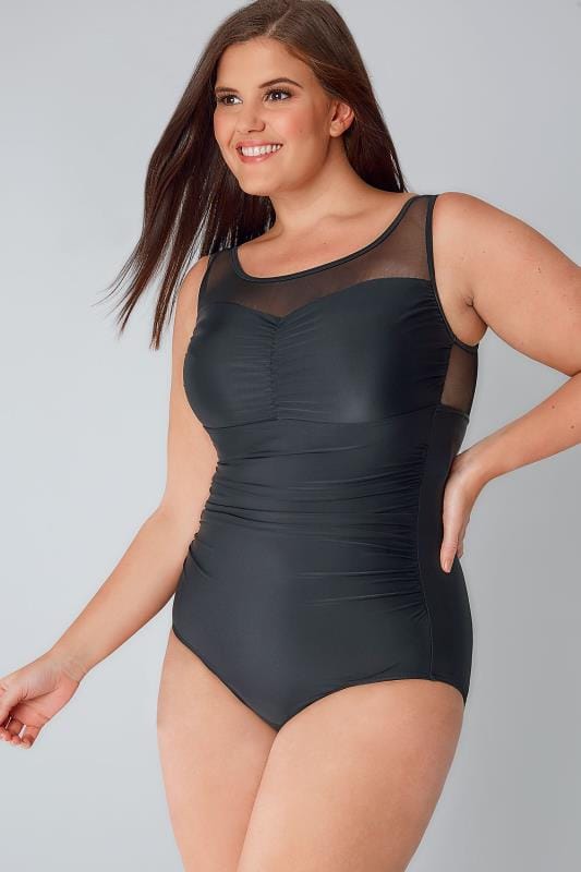 Black Mesh Panel Swimsuit With Tummy Control Plus Size 16 To 32 9414