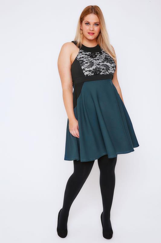 Teal And Black Lace Panel Skater Dress Plus Size 16 To 32