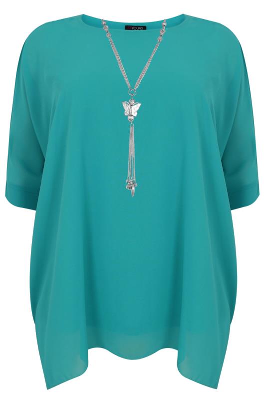 Turquoise Batwing Sleeve Chiffon Top With Necklace Plus Size 14 to 32