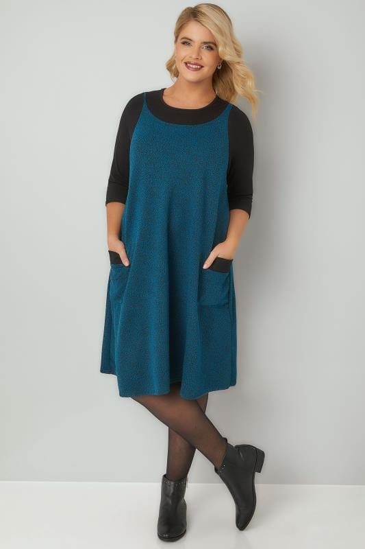 Turquoise Textured Mock Pinafore Dress With Two Pockets, Plus size 16 to 36