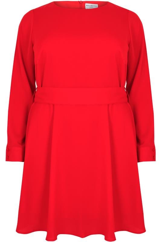 WOLF & WHISTLE Red Dress With Belted Waist & Open Sleeves, Plus size 18