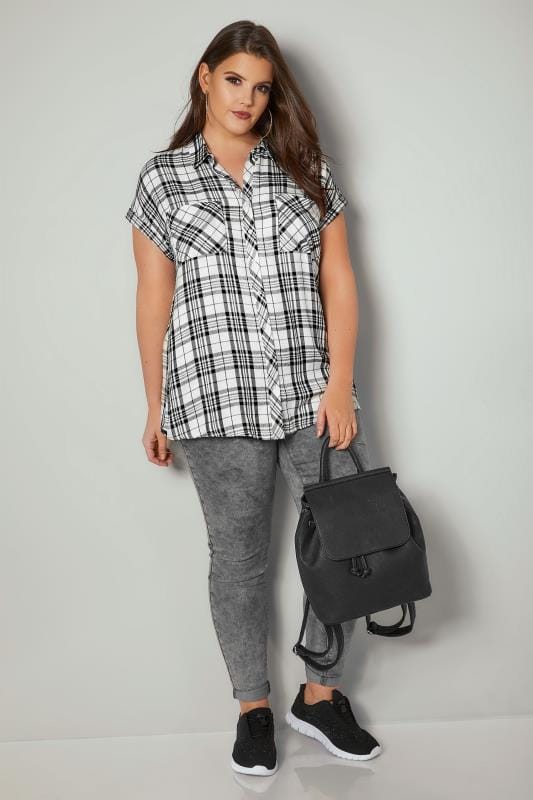 White & Black Checked Shirt With Short Grown-On Sleeves & Metallic