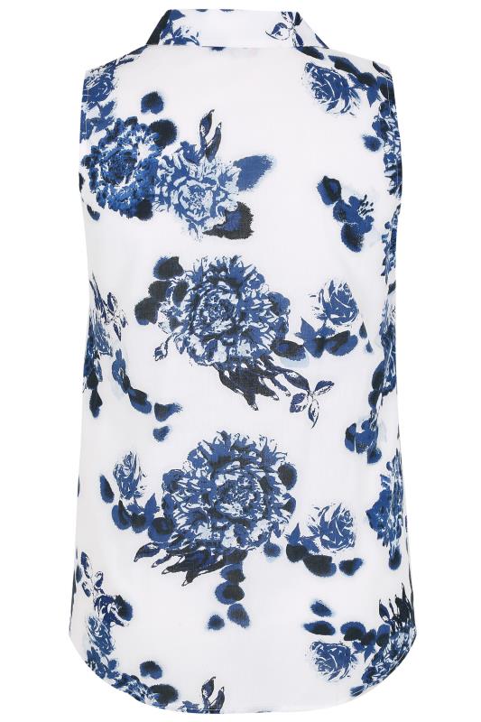 White & Blue Floral Print Sleeveless Blouse With Ruffle Placket, Plus ...